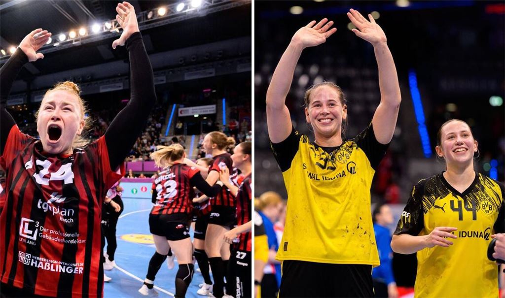 Meike Schmelzer (li.) bejubelt den Einzug ins Pokal-Endspiel mit der HSG Bensheim/Auerbach, Guro Nestaker und Kelly Vollebregt (re.) freuen sich über die Titelchance mit dem BVB.