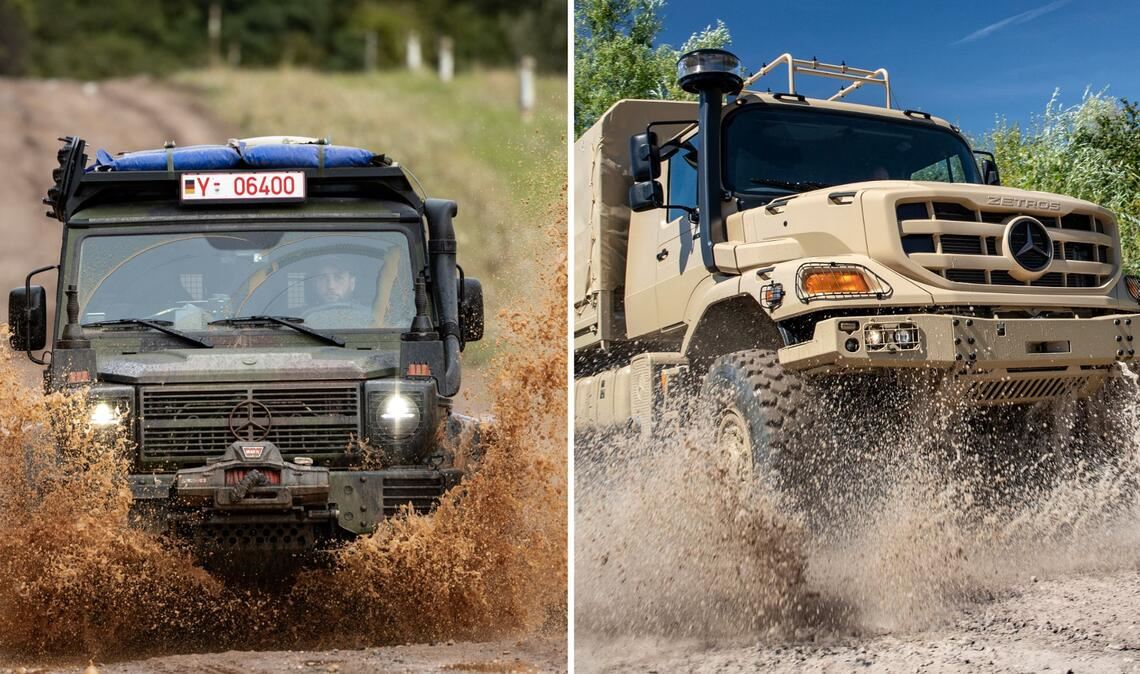 Mercedes produziert unter anderem die G-Klasse (links) zum Teil für die Verteidigung, Daimler Truck beispielsweise den Zetros.