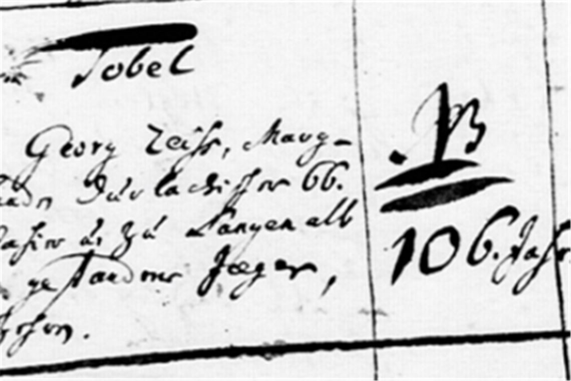 Methusalem: Johann Georg Reiß, 1756 in Dobel gestorben, wurde 106. Screenshot: cb