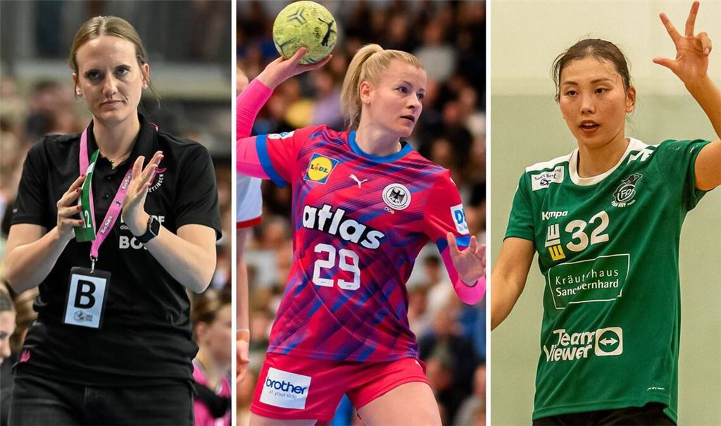 Metzingens Trainerin Miriam Hirsch, Neckarsulms Zugang Antje Döll und die neue Frisch-Auf-Spielmacherin Haruno Sasaki (v.li.) stehen vor einer besonderen Saison.