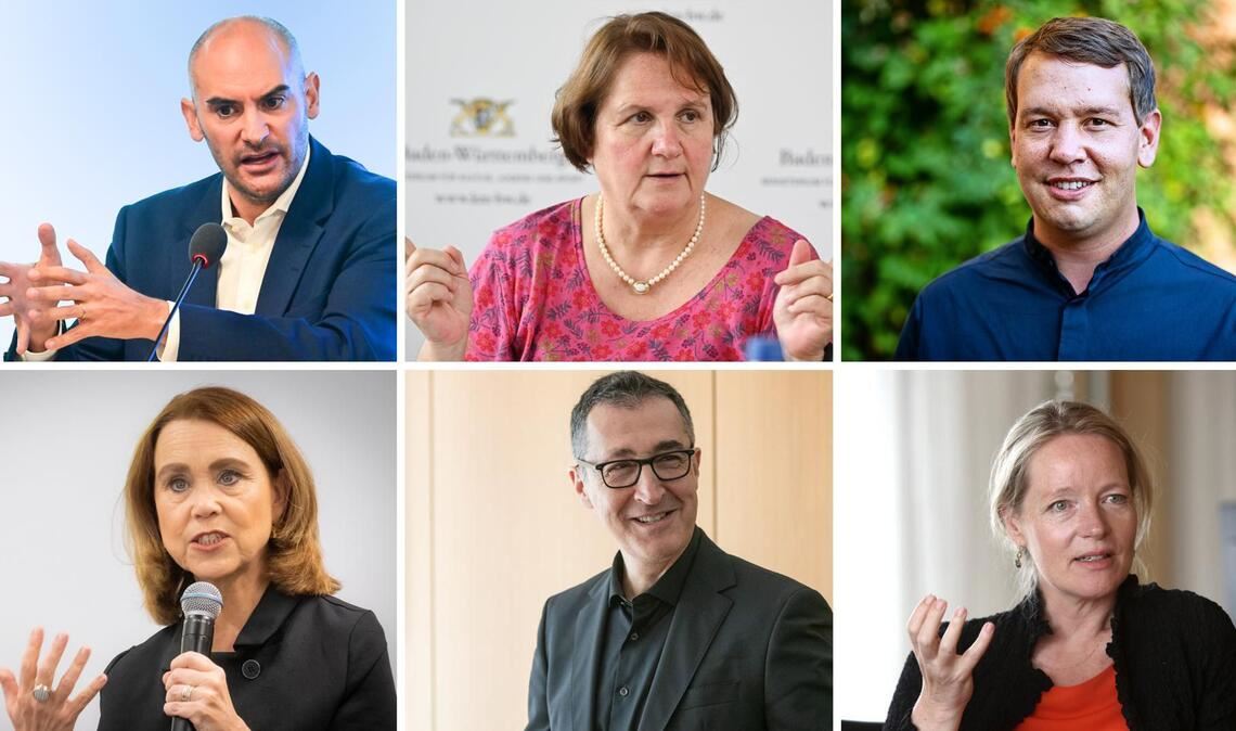 Ministerpräsident Cem Özdemir (unten, Mitte) und seine grüne Ministerriege (von unten links nach unten rechts im Uhrzeigersinn:  Petra Olschowski, Danyal Bayaz, Theresa Schopper, Oliver Hildenbrand, Thekla Walker