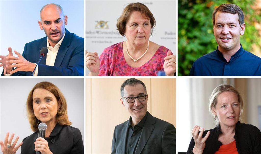 Ministerpräsident Cem Özdemir (unten, Mitte) und seine grüne Ministerriege (von unten links nach unten rechts im Uhrzeigersinn:  Petra Olschowski, Danyal Bayaz, Theresa Schopper, Oliver Hildenbrand, Thekla Walker