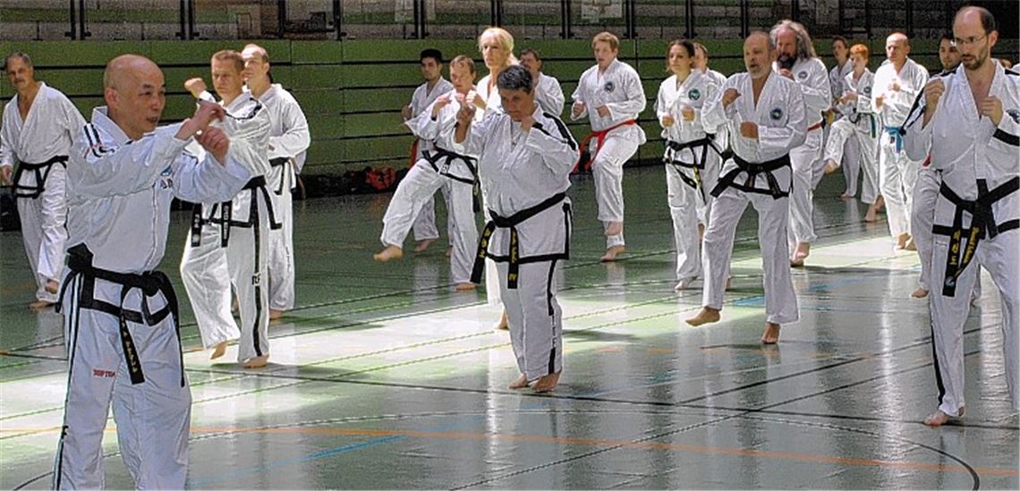 Mit Kim-Ung Lan (links im Vordergrund) hielt am Samstag einer der weltweit höchsten Danträger den Jubiläumslehrgang beim Chang-Hun Taekwon-Do Verein Mühlacker. Foto: Stahlfeld