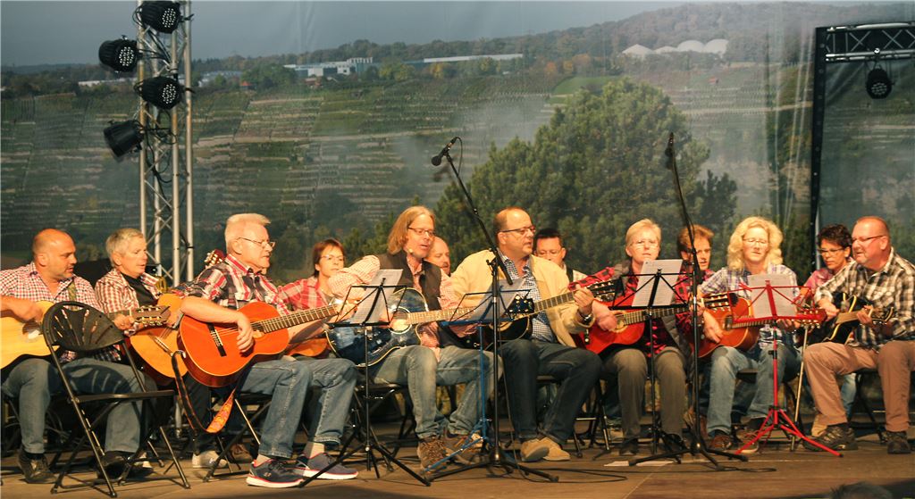 Mit Liedern, die textlich zu hohen Bergen, tiefen Tälern und steinigen Wegen passen, stimmten Kuhnles Gitarrengruppen auf einen vergnüglichen Diavortrag über den Schwarzwald ein.  Foto: Kollros