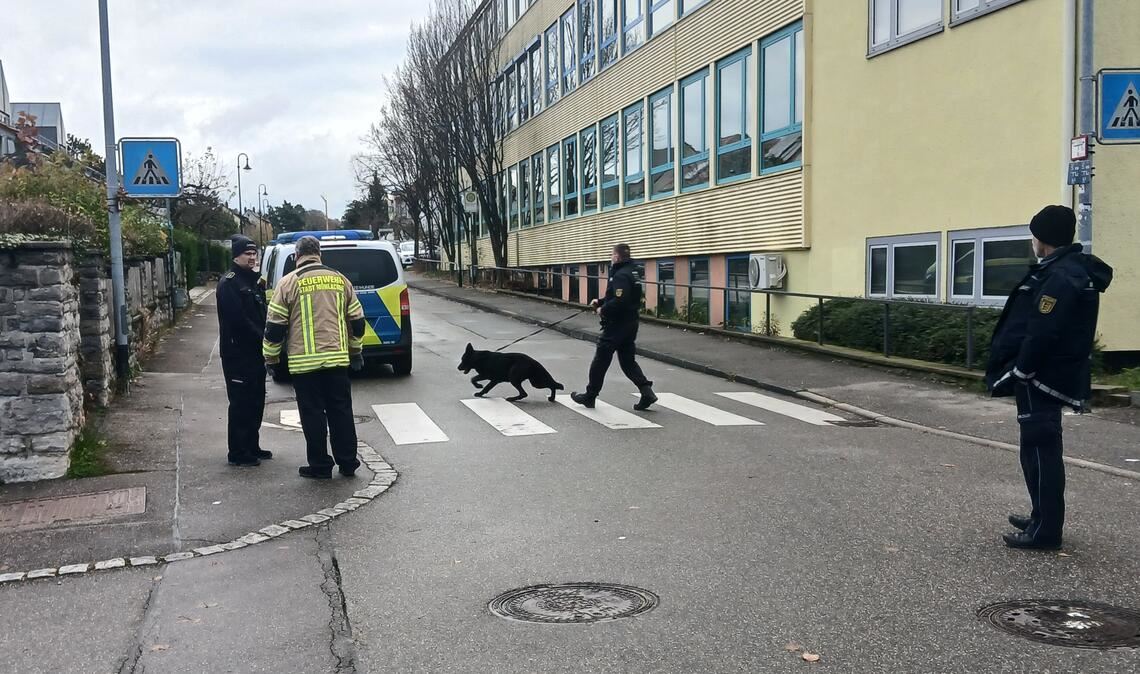 Mit Sprengstoffspürhunden werden die Klassenzimmer und sonstigen Räume der Mörike-Realschule durchsucht. Foto: Eier