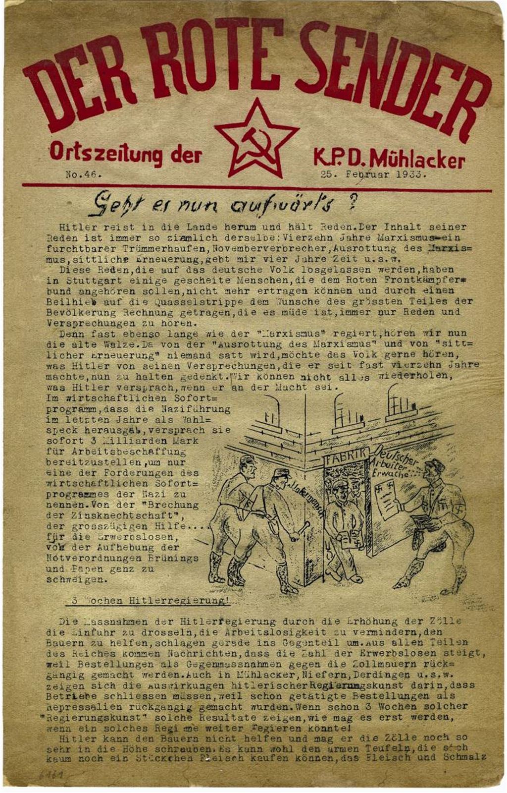 Mit der Zeitschrift „Der Rote Sender“ kämpfen KPD-Anhänger in Mühlacker gegen das NS-Regime.