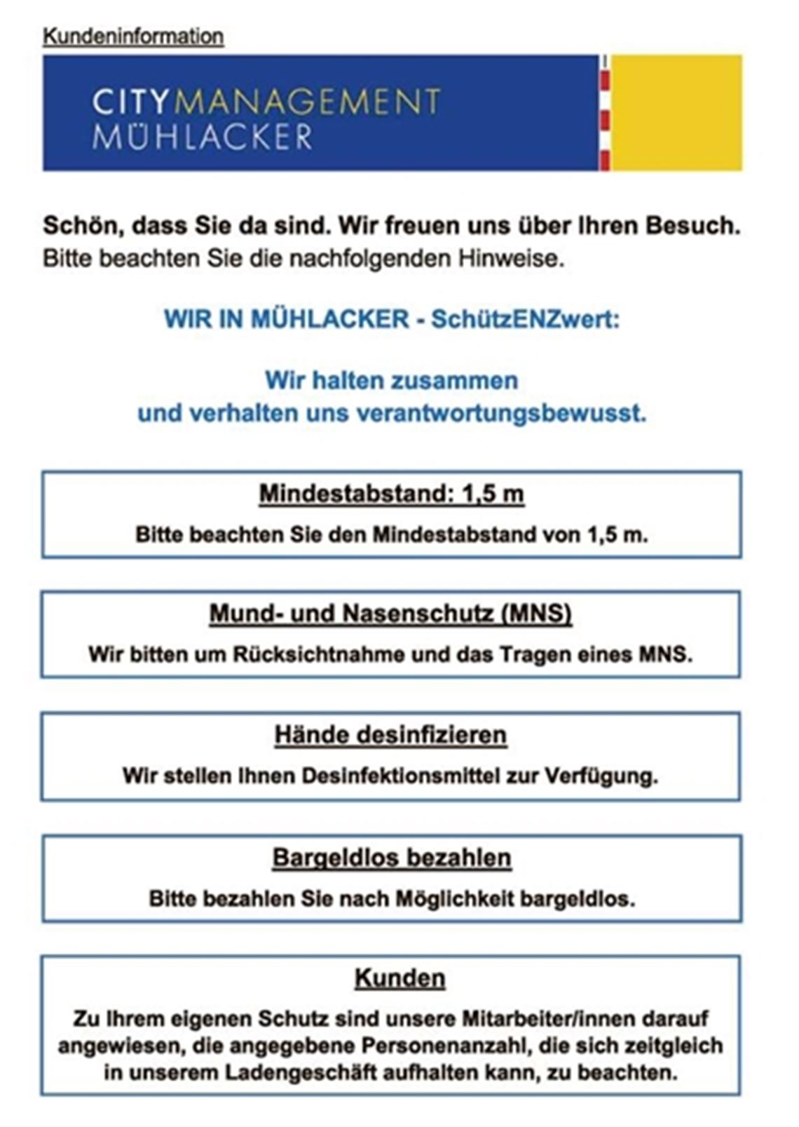 Mit diesem Aushang, bereitgestellt vom Citymanagement, können Läden ihre Kunden informieren.