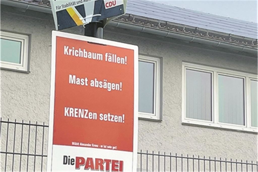 Mit einem provokanten Plakat, das zum Beispiel in der Nähe des Edeka-Markts in Mühlacker hängt, erteilt „Die Partei“, die den Politikbetrieb satirisch aufs Korn nimmt, den etablierten Größen eine Absage und wirbt für ihren Bewerber Alexander Krenz. Foto: privat