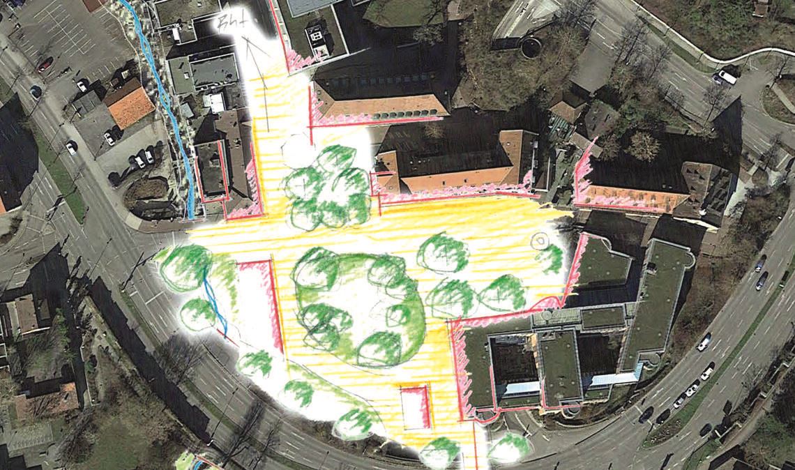 Mit einer Skizze von Christof Luz, Landschaftsarchitekt und Mitglied des Gestaltungsbeirats, wollen die Freien Wähler ihre Idee für die Stadtmitte unterstreichen. Skizze: Luz