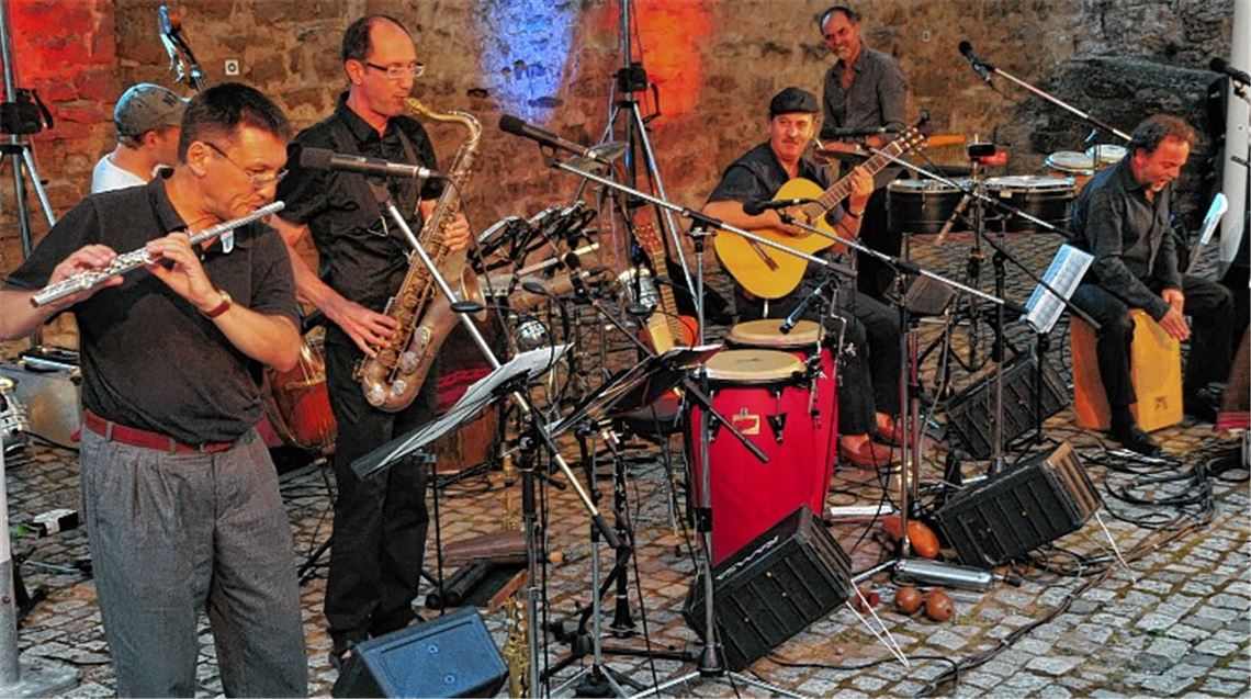 Mit facettenreichem Vokalsound legte Grupo Sal beim Konzert in Mühlackers Burg Löffelstelz einen begeisternden Klangteppich aus. Foto: Stahlfeld