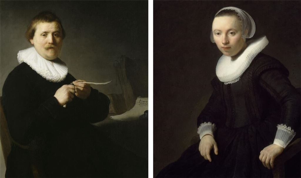 Mitten im Leben: Rembrandts „Bildnis eines federschneidenden Mannes“ und „Bildnis einer jungen Frau“, die gerade aufzustehen scheint, beide 1632.