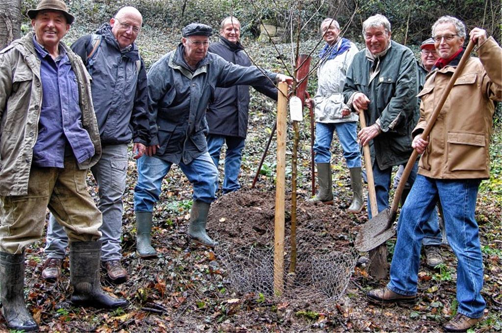 Mühlackers Bürgermeister Winfried Abicht und Vize-Landrat-Wolfgang Herz (im Hintergrund) freuen sich über das Engagement des Albvereins, der dafür sorgt, dass im Naturschutzgebiet an der Enzschlinge Obstbäume auf ehemals verwilderten Grundstücken Obstbäume gepflanzt werden können. Fachliche Unterstützung bekommen sie dabei von Bernhard Reisch (re.), Obstbauberater im Landratsamt, und Frank Hemsing (2. v. li.) von der Enzkreis-Naturschutzbehörde. Foto: Goertz