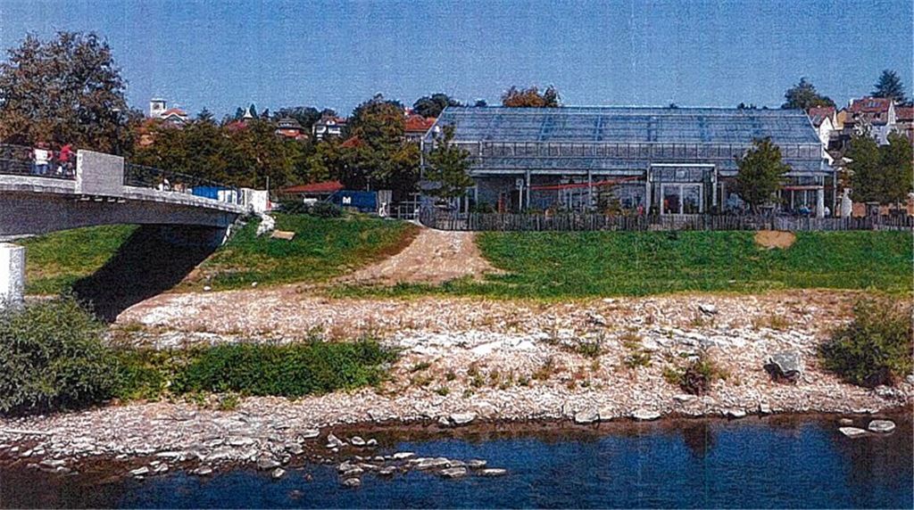 Nach dem Rückzug der Firma Vinolivio, die ihre Glashaus-Gastronomie schon in Studien vorgestellt hatte, ist die Hoffnung auf ein dauerhaftes Angebot am Enzufer gesunken. Animation: privat