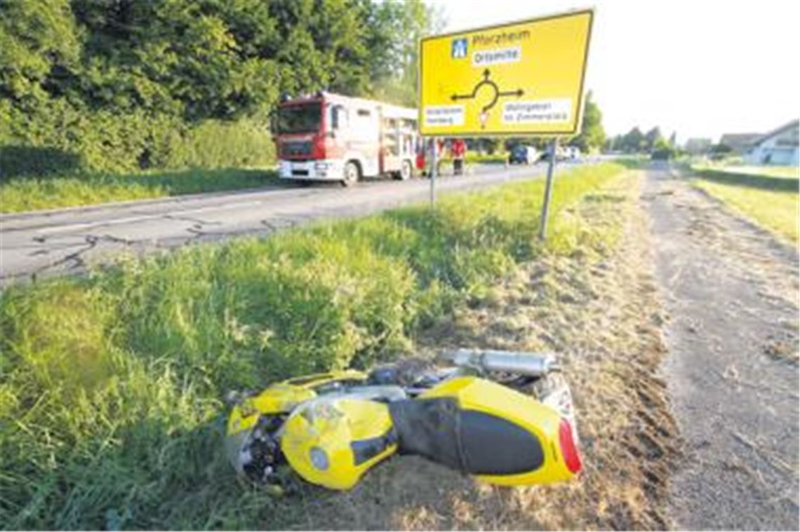 Nach der Kollision mit einem Reh ist der Motorradfahrer gegen das Verkehrsschild geprallt. Foto: Tilo Keller