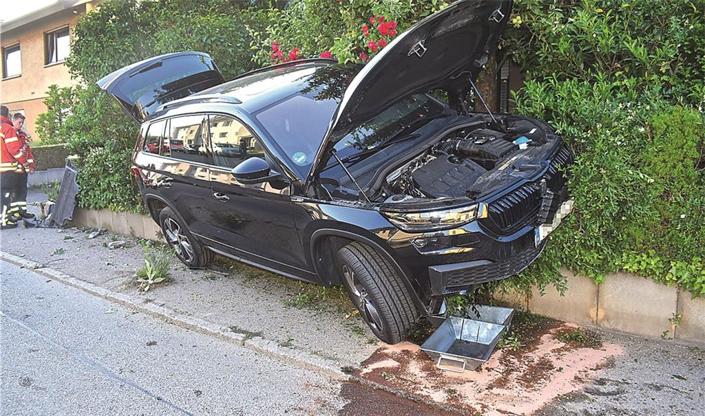 Nach der kurzen Schleudertour bleibt der Skoda stark demoliert auf einem Mauerstreifen hängen. Foto: Myroshnichenko