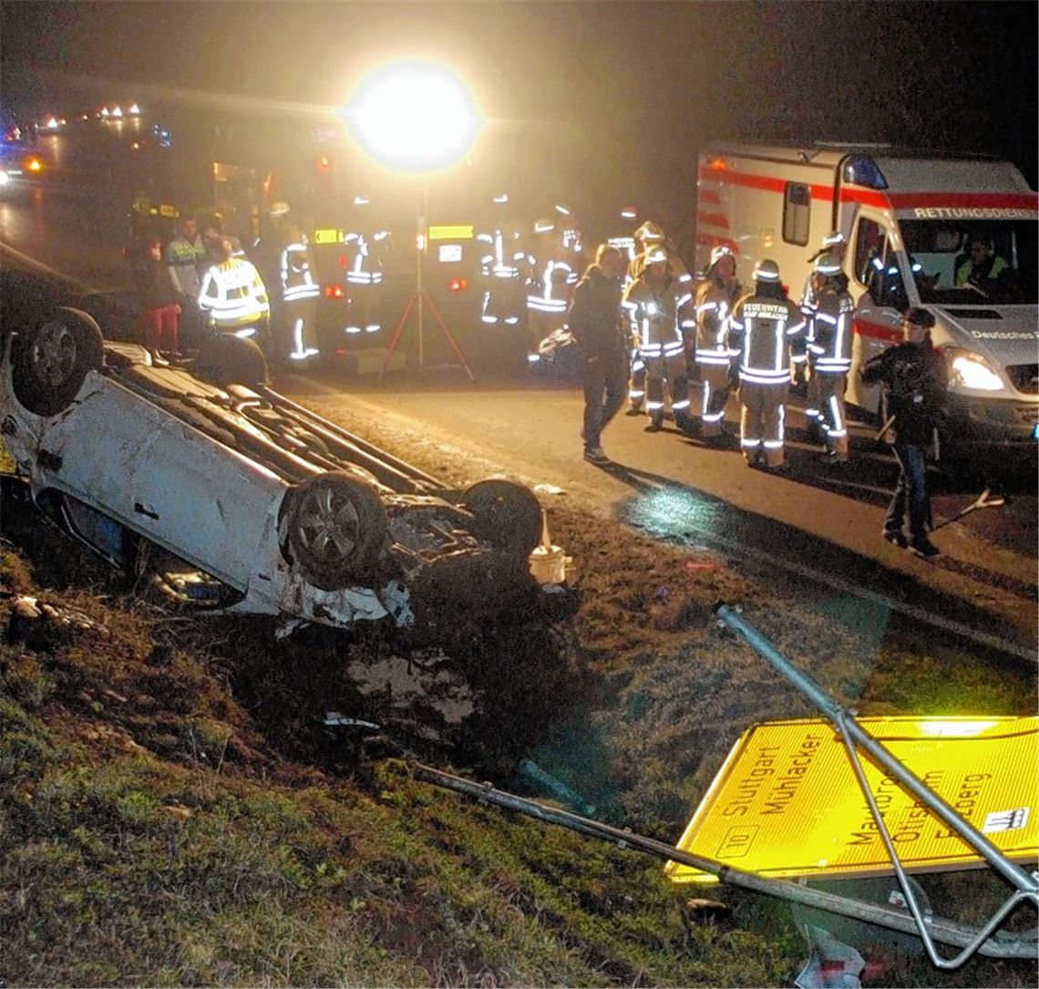 Nachdem sich das Unfallauto überschlagen hat, landet es auf dem Dach. Die beiden Insassen werden bei dem Unfall verletzt. Die Feuerwehr ist mit rund 20 Mann im Einsatz.Foto: Fotomoment