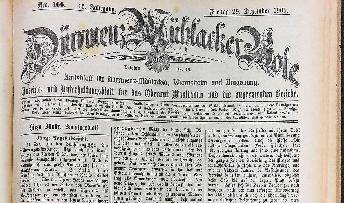 Nachrichten aus der großen weiten Welt, aus Dürrmenz und Mühlacker und ein Zeitungsroman prägen die Titelseite am 29. Dezember 1905. Fotos: Becker