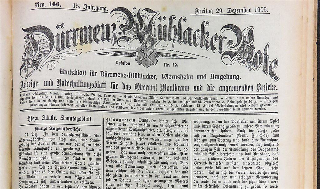 Nachrichten aus der großen weiten Welt, aus Dürrmenz und Mühlacker und ein Zeitungsroman prägen die Titelseite am 29. Dezember 1905. Fotos: Becker