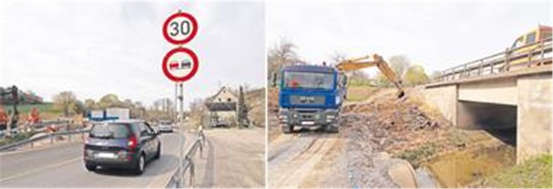 Nadelöhr auf der B10 zwischen Illingen und Vaihingen: Durch den Neubau der Brücke beim Steinbruch Sämann wird der Verkehr über eine provisorische Umfahrung an der Baustelle vorbeigeführt (Bild links). Bevor die alte Brücke abgerissen wird, muss der Schmiebach während der Bauzeit umgeleitet werden. Dazu sind Betonrohre verlegt worden (Bild rechts).Fotos: Franz