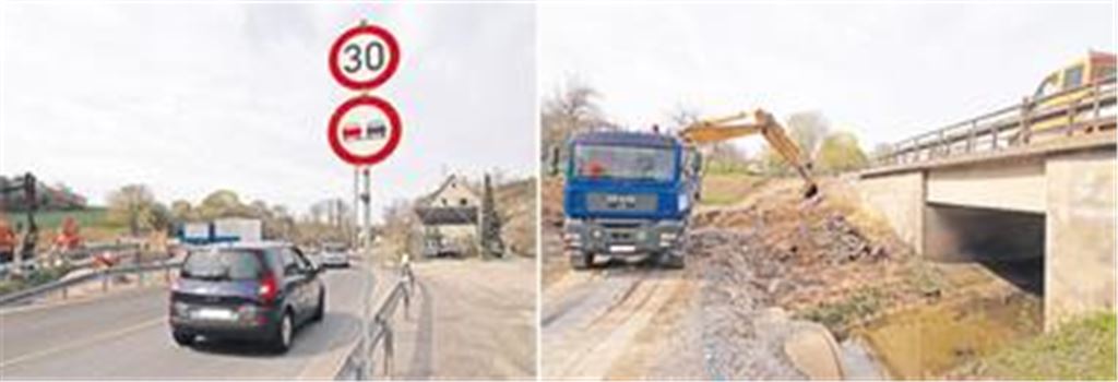 Nadelöhr auf der B10 zwischen Illingen und Vaihingen: Durch den Neubau der Brücke beim Steinbruch Sämann wird der Verkehr über eine provisorische Umfahrung an der Baustelle vorbeigeführt (Bild links). Bevor die alte Brücke abgerissen wird, muss der Schmiebach während der Bauzeit umgeleitet werden. Dazu sind Betonrohre verlegt worden (Bild rechts).Fotos: Franz
