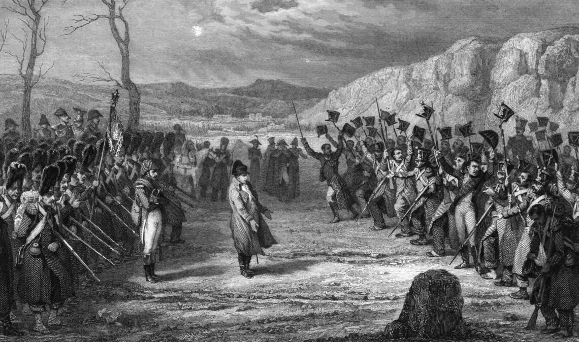 Napoleon betritt im Frühjahr 1815 wieder französischen Boden: Die Soldaten des 5e régiment d’infanterie unter dem Kommando von Marschall Michel Ney, die ihn hätten aufhalten sollen, laufen zu ihm über.