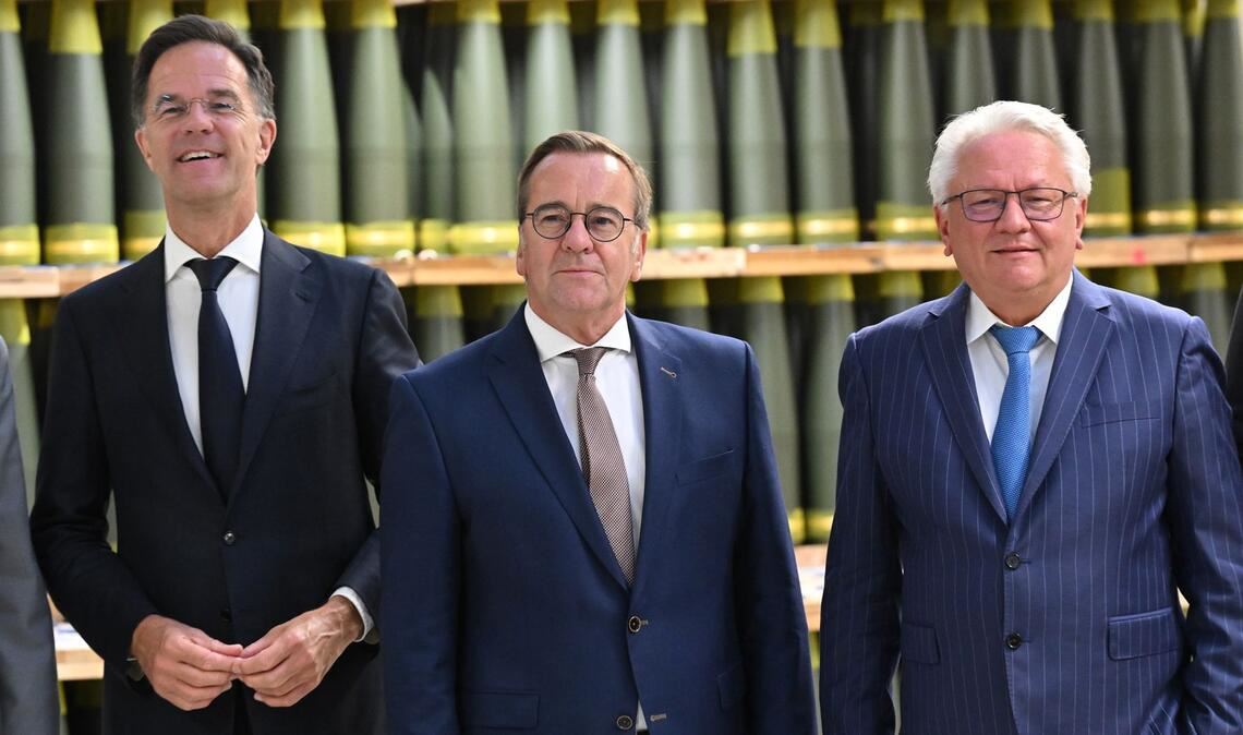 Nato-Generalsekretär Mark Rutte, Verteidigungsminister Boris Pistorius und Rheinmetall-Chef Armin Papperger.