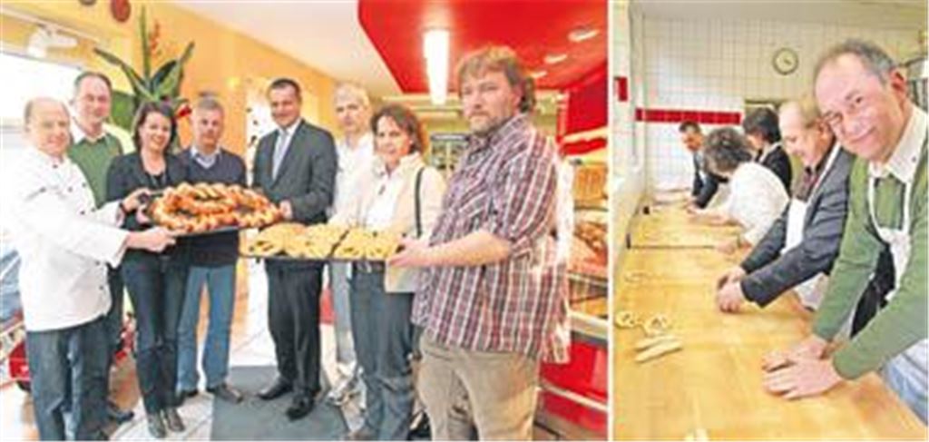Nein, diese Brezeln haben die Kandidaten nicht selbst hergestellt. Doch Teig geschlungen haben sie und Kreishandwerkermeister Rolf Nagel (2. v. re.), wie das rechte Bild beweist. Auf dem Gruppenbild v. li.: Bäckermeister Wilhelm Bräuer, Arno Schütterle, Viktoria Schmid, Thomas Knapp, Hans-Ulrich Rülke, Bäckerinnungsobermeister Martin Reinhardt, Sibylle Schüssler und Uwe Riehl. Fotos: Sadler