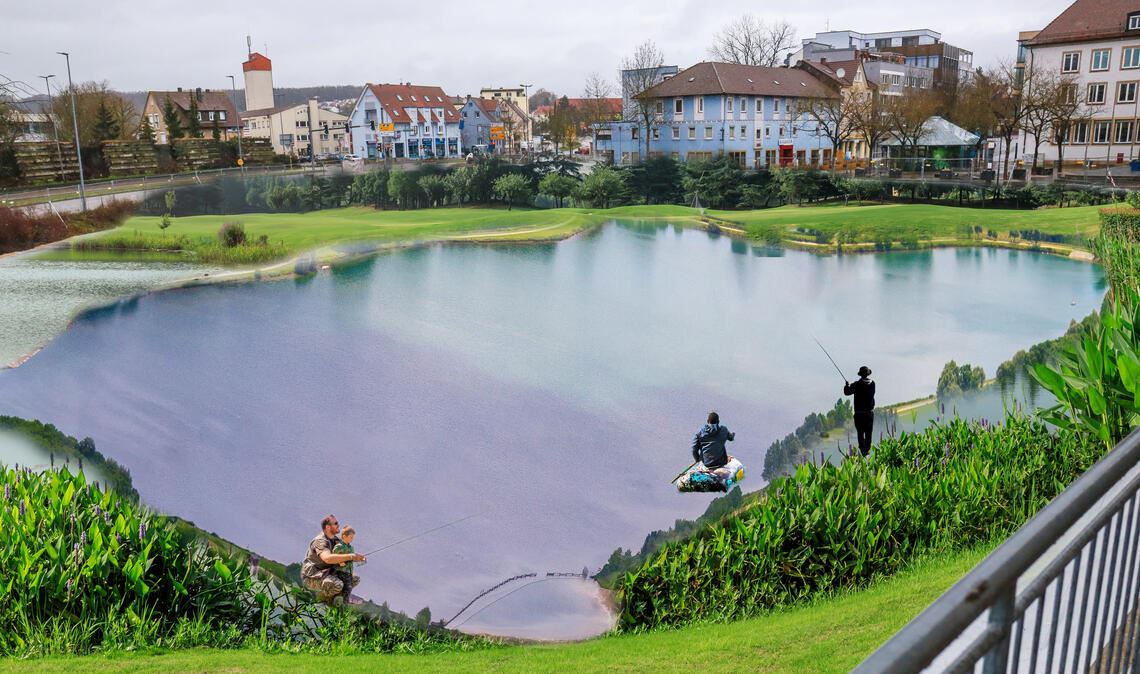 Nette Idee, aber technisch wohl noch schwieriger machbar als eine Grünfläche: Angelsee im Mühlehof-Loch – Vorschlag aus einer Umfrage unserer Zeitung 2023. Fotomontage: Archiv