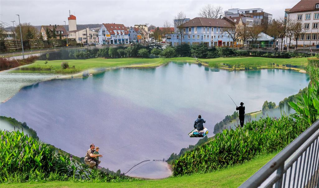 Nette Idee, aber technisch wohl noch schwieriger machbar als eine Grünfläche: Angelsee im Mühlehof-Loch – Vorschlag aus einer Umfrage unserer Zeitung 2023. Fotomontage: Archiv