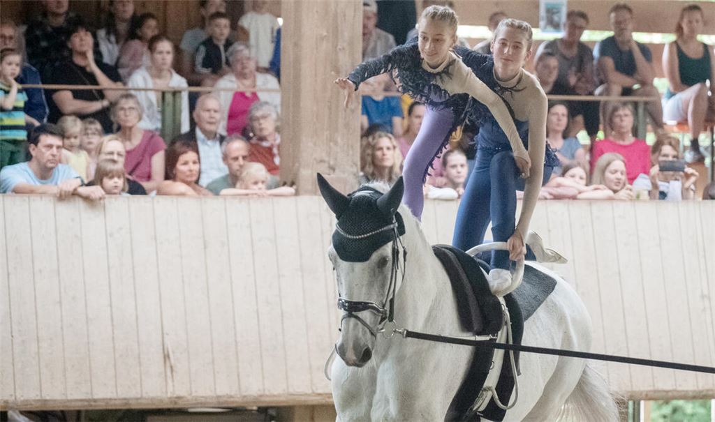 Neues Pferd, neues Glück. Mit Cicero treten die Junior-Voltigiererinnen von Pegasus Mühlacker beim Heimturnier erstmals in der Kür an. Fotos: Fotomoment