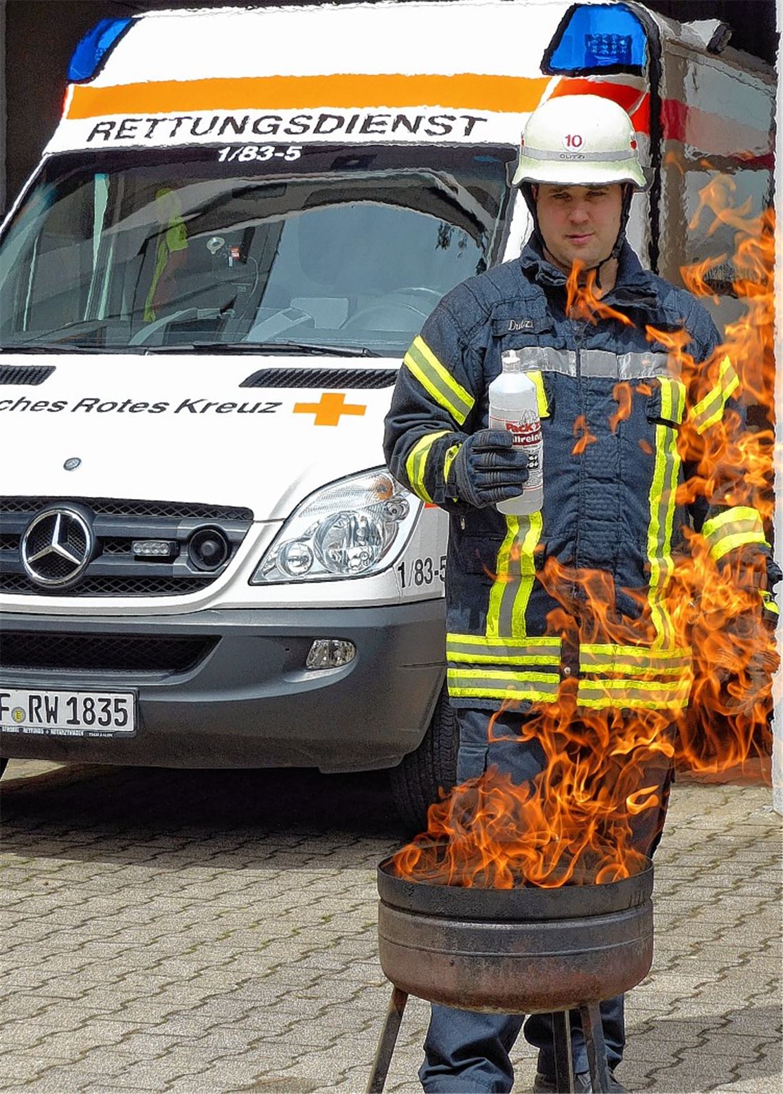 Nicht zur Nachahmung empfohlen: Dem Grillfeuer mit Spiritus auf die Sprünge helfen, wie es Oberbrandmeister Mario Dutzi vorführt. Vor dem Braten von Steak und Wurst sollte man das Köpfchen einschalten und ein paar Tipps beherzigen, damit es nicht zu Verletzungen kommt. 