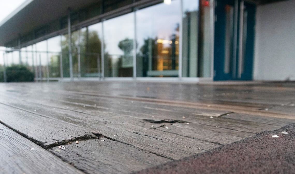 Noch im laufenden Jahr soll der Terrassen-Eingangsbereich der Gießbachhalle erneuert werden. Das Holz ist an vielen Stellen morsch geworden. Foto: Fotomoment