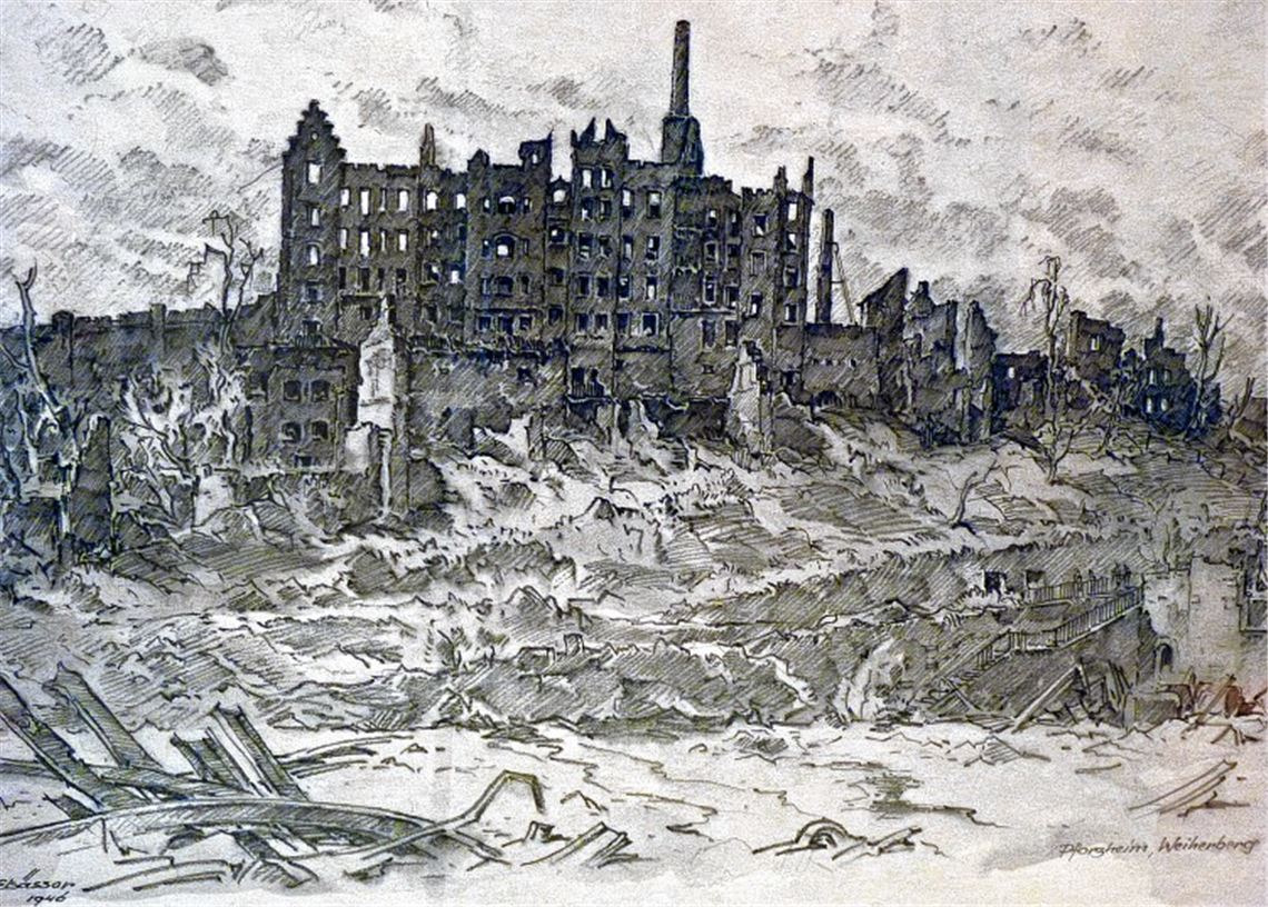 Oskar Elsässer hat damals den Auftrag vom Landesdenkmalamt erhalten, die Zerstörung Pforzheims mit Zeichnungen zu dokumentieren. Das Bild zeigt den Wartberg.
