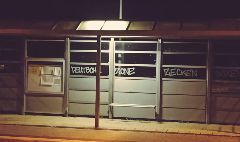 Parolen und Aufkleber aus der rechtsextremen Ecke prangen an verschiedenen Stellen am Bahnwartehäuschen in Ölbronn. Der Begriff „Zecken“ wird in der Szene häufig als Bezeichnung für linke Kontrahenten verwandt. Ein Bürger stört sich an der öffentlichen Zurschaustellung rechten Gedankenguts in seiner Heimatgemeinde. Fotos: Jochen Göbel