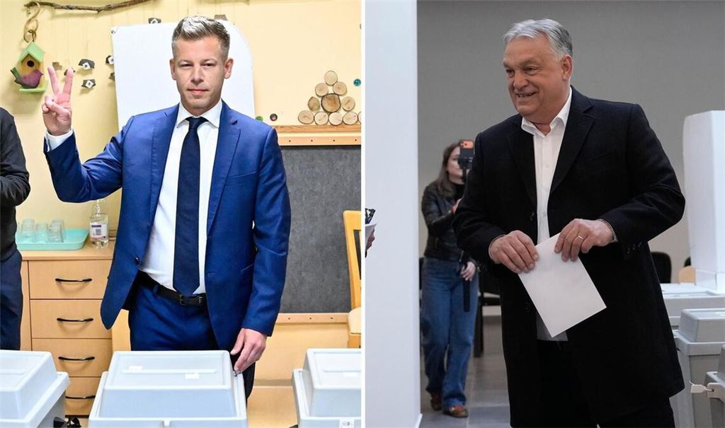 Peter Magyar ist siegesgewiss bei der Stimmabgabe – er liegt in den Umfragen deutlich vor Amtsinhaber Viktor Orban (rechts).