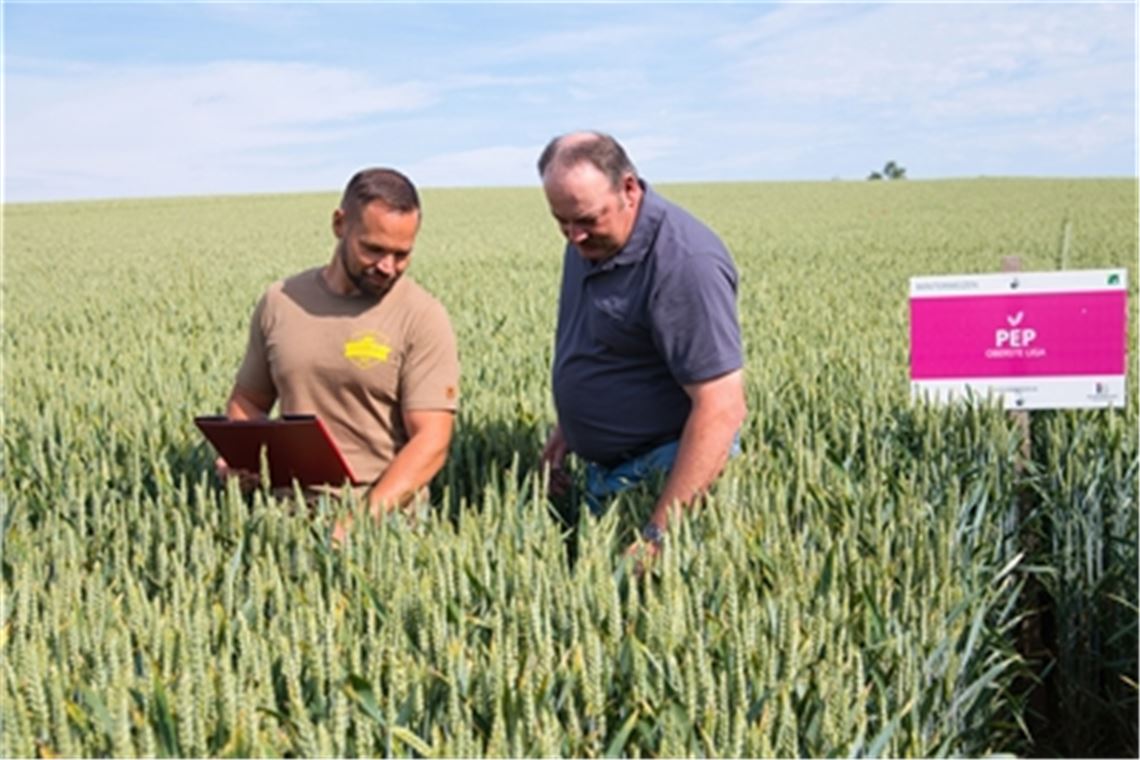 Pflanzenproduktions-Berater Sven Nagel (li.) und Landwirt Bernd Benzinger beurteilen einen Bestand im Winterweizen. Foto: privat