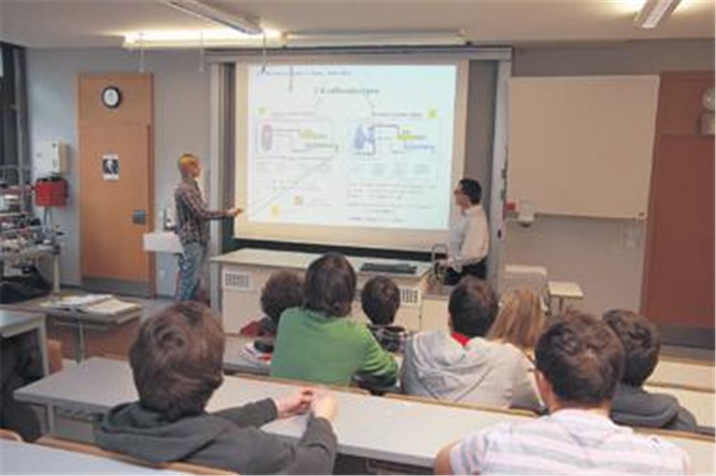 Physiklehrer Michael Krist erklärt seinen Oberstufen-Schülern die Funktionsweise von unterschiedlichen Kraftwerkstypen. Das Thema hat der Pädagoge mit seinen Kollegen aufgrund der aktuellen Ereignisse in Japan bereits Anfang der Woche zum Gegenstand im Unterricht am Mühlacker Theodor-Heuss-Gymnasium gemacht.
Foto: Disselhoff