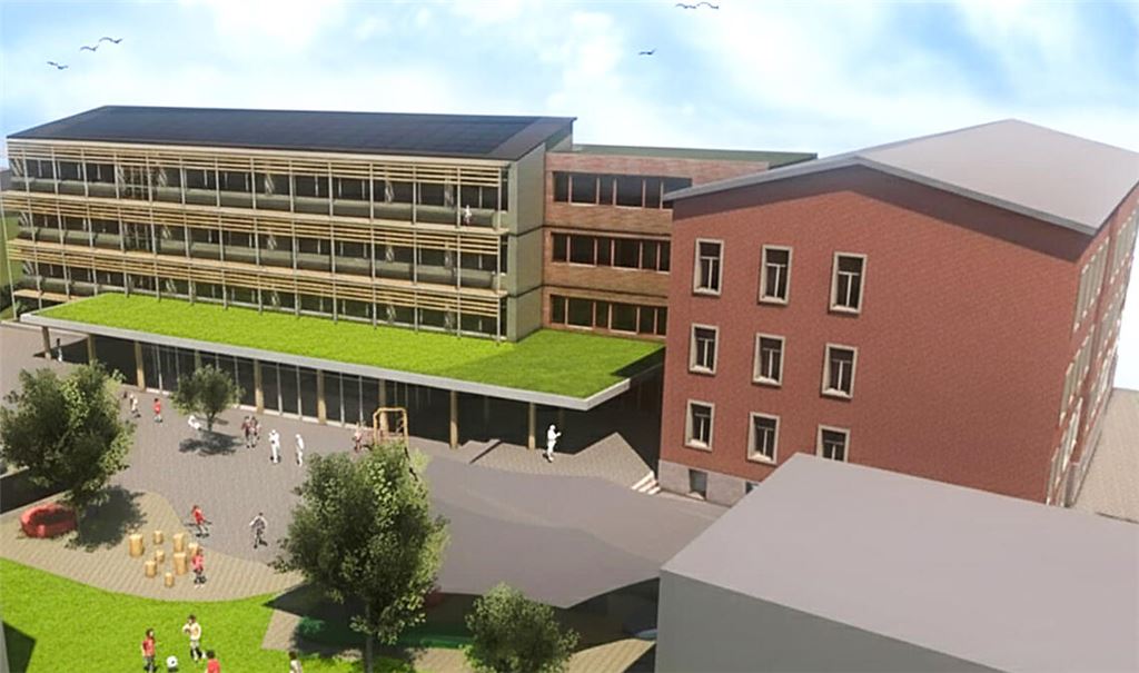 Pläne für die Ulrich-von-Dürrmenz-Schule: Für ein Ganztagsangebot, das an diesem Standort 2031/2032 starten soll, wird der Baukomplex erweitert. Grafik: morlock.architekten