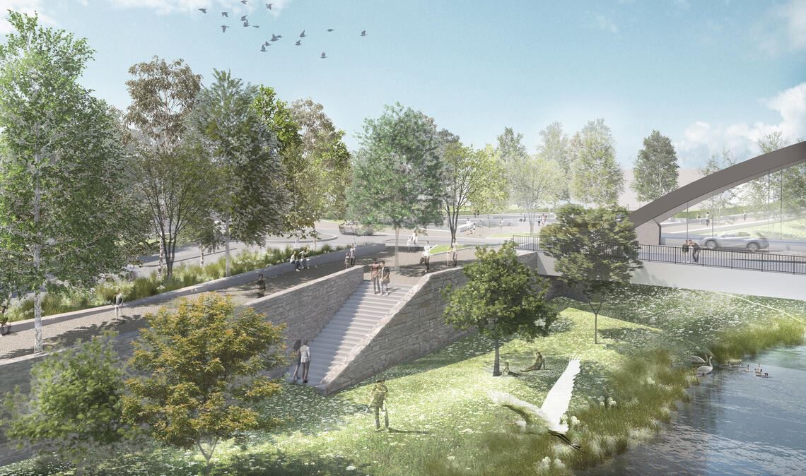 Pläne für die mögliche Gestaltung des Anschlusses an die neue Enzbrücke auf Dürrmenzer Seite lösen im Gemeinderat Mühlacker Beifall aus. Visualisierungen: Glück Landschaftsarchitektur GmbH
