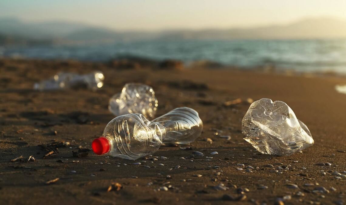 Plastikflaschen am Sandstrand: Müll am Strand und im Meer ist sichtbar, doch die unsichtbaren Gefahren wie Chemikalien sind oft viel gefährlicher..