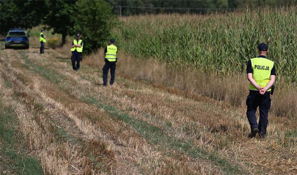 Polnische Polizisten sichern das Gebiet eines Maisfeldes in Osiny in Ostpolen, in das ein unbekanntes Flugobjekt gestürzt ist. (Foto aktuell)
