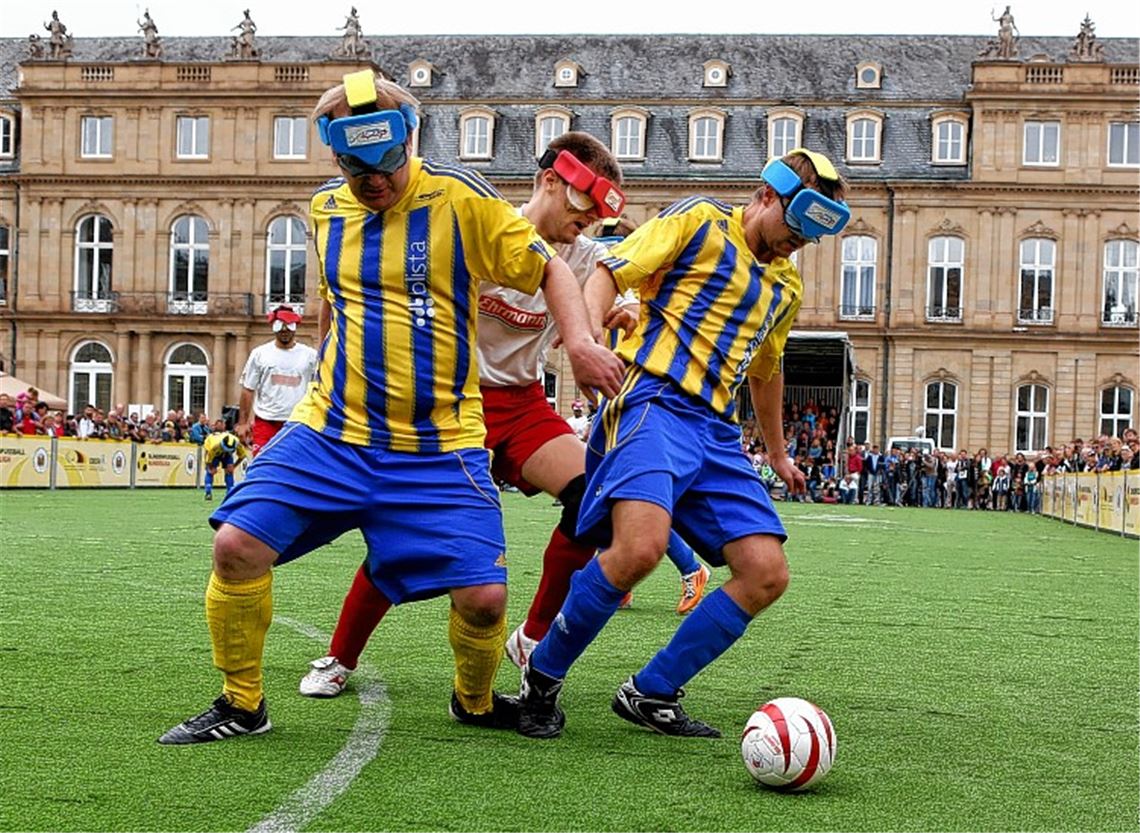 Preiswürdiges Motiv: Blindenfußball vor malerischer Kulisse. Foto: Britsch/Baumann