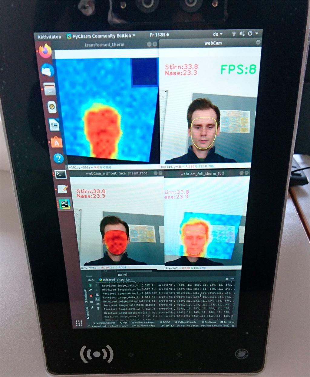 Prototypischer Aufbau des intelligenten Zugangssteuerungssystems: eine Gesichtserkennung in Kombination mit kontaktloser Hauttemperaturmessung. Dafür werden ausgewählte Bereiche wie die Stirn genutzt; die Hauttemperatur ist „farbkodiert“. Foto: Engel/Hochschule Pforzheim