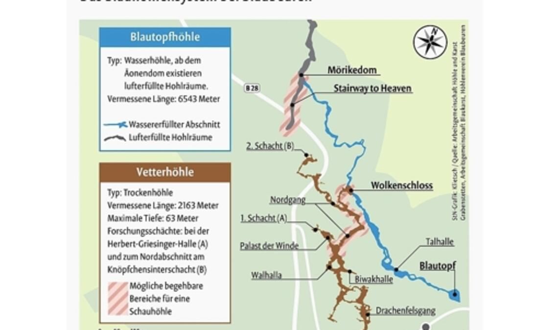 Räume und Gänge der Blauhöhle und Vetterhöhle.