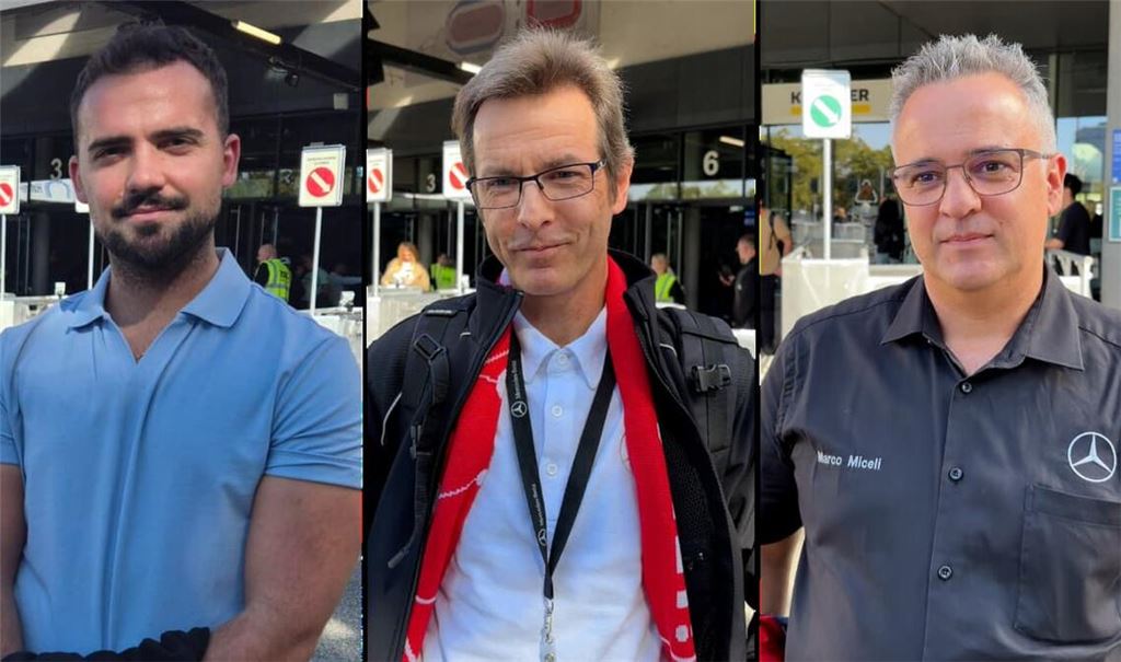 Rafael Mpouras, Dietmar Beck, Marco Miceli (von links) und nach Betriebsratsangaben mehr als 5000 weitere Beschäftigte nahmen an der Betriebsversammlung in der Hanns-Martin-Schleyer-Halle teil.