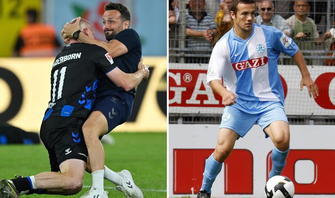 Ralf Kettemann jubelt direkt nach dem Abpfiff mit seinem Führungsspieler  Sven Michel, rechts im Dress der Stuttgarter Kickers.
