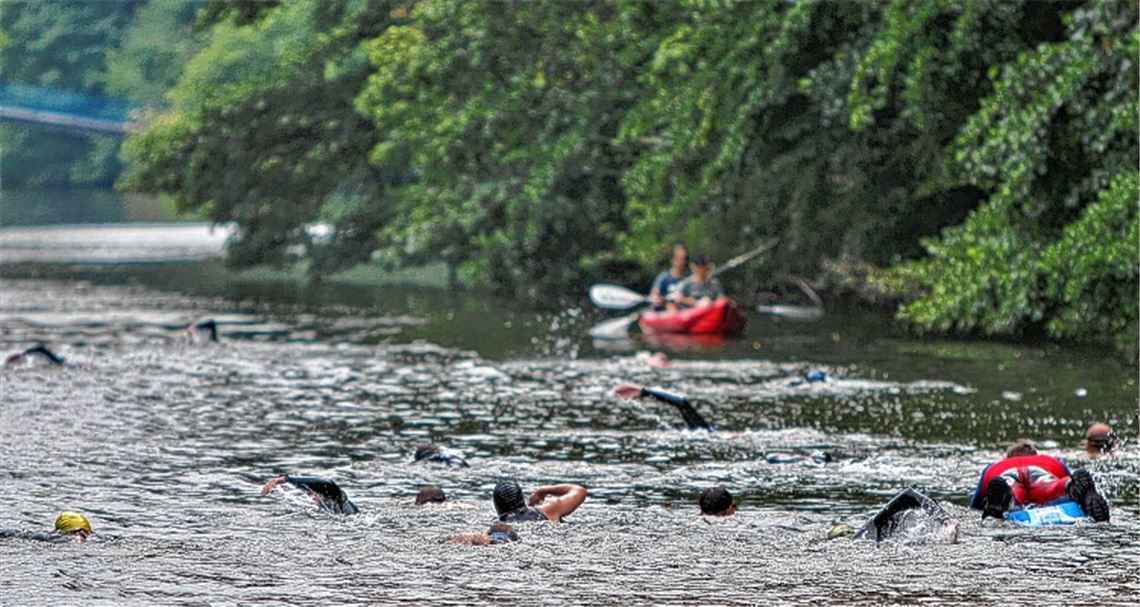 Triathleten üben im trüben Wasser