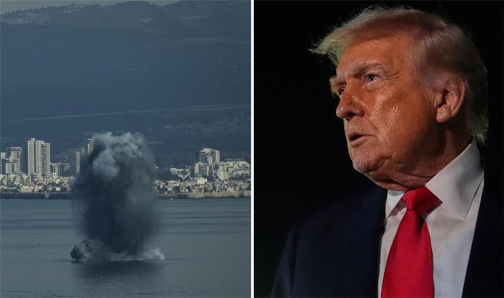 Rechts Explodiert ein ankommendes Geschoss in der Bucht von Haifa. Links spricht Donald Trump spricht zu Reportern.