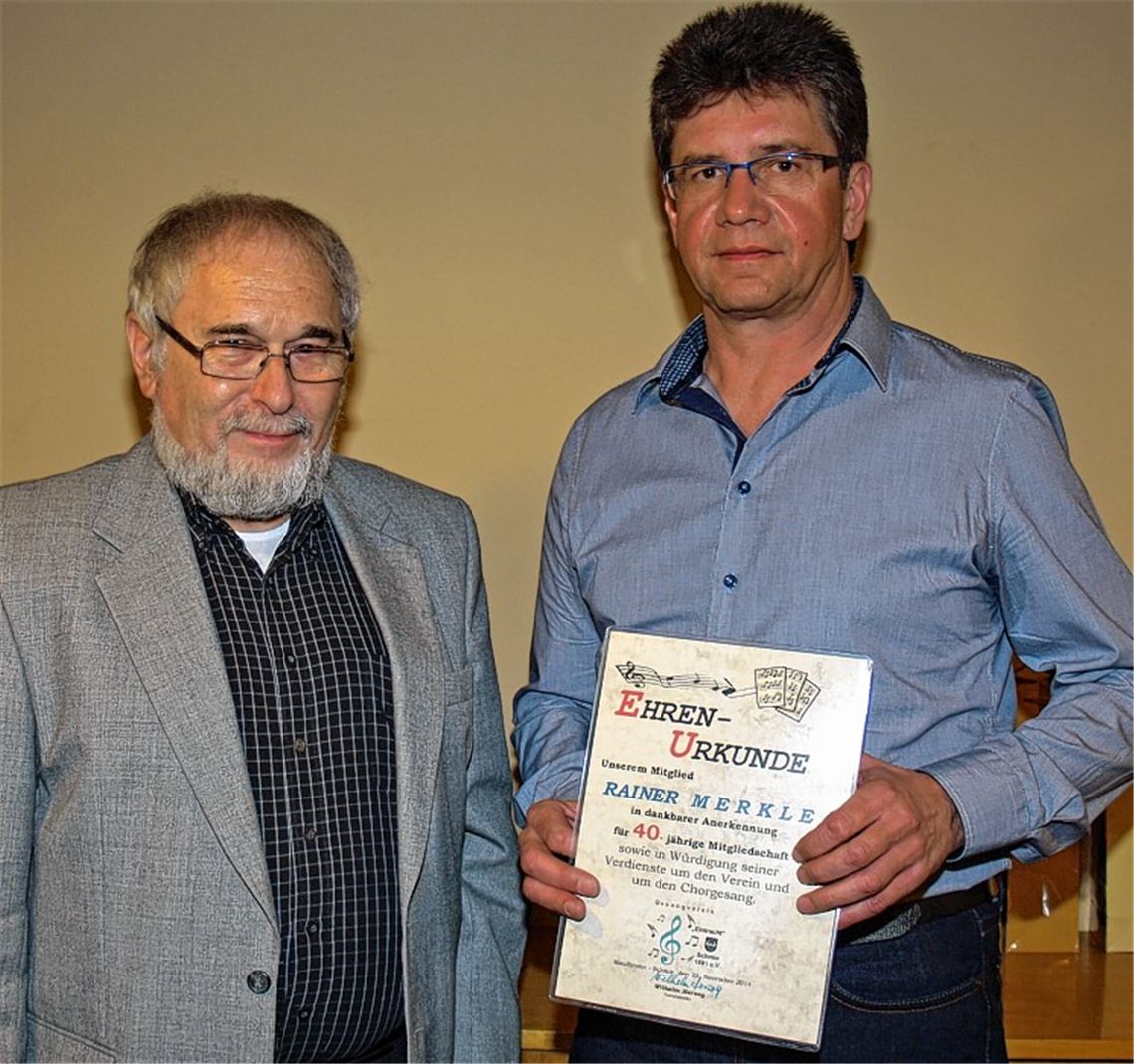Reinhard Kastner (li.) ehrt Rainer Merkle für dessen 40-jährige Treue. Foto: Filitz
