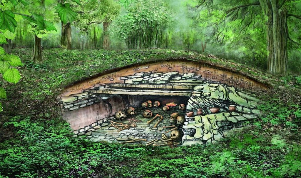 Rekonstruktion des Felskammergrabs von (um 3100 v. Chr.): Unter den Bestatteten fand sich aufgrund der genetischen Analysen u. a. der Sohn einer Familie aus der circa 250 Kilometer weiter südlich gelegenen Wetterau. 